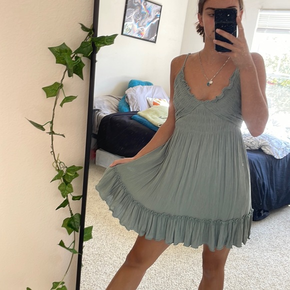 Sage green boho dress with ruffles and a tie back girly feminine summer - Picture 1 of 7